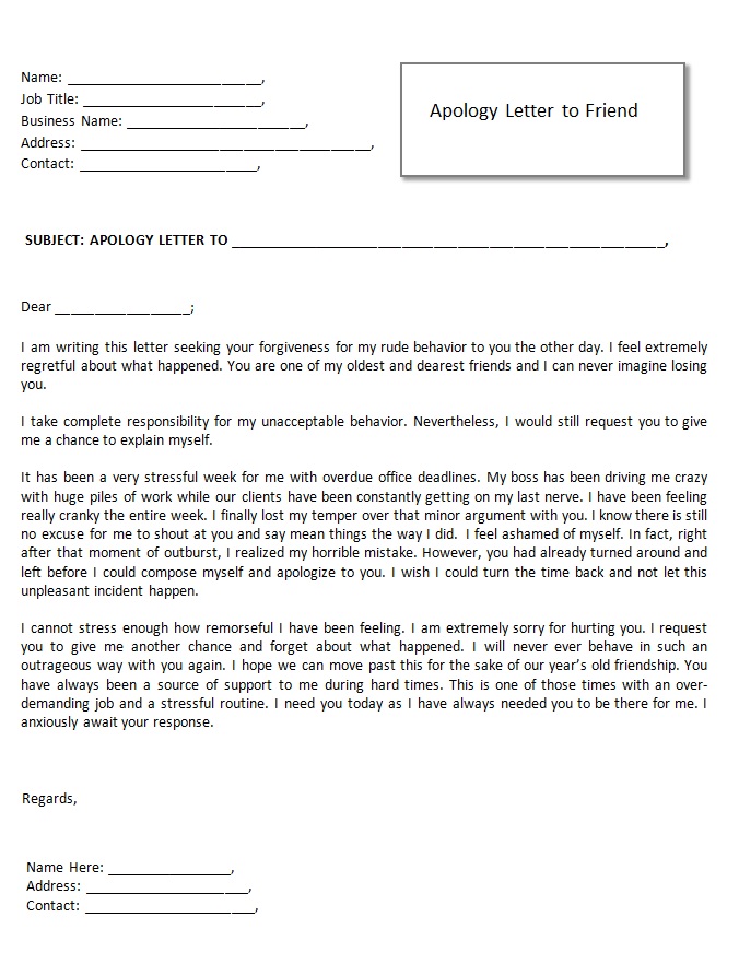 Apology Letter to Friend Template