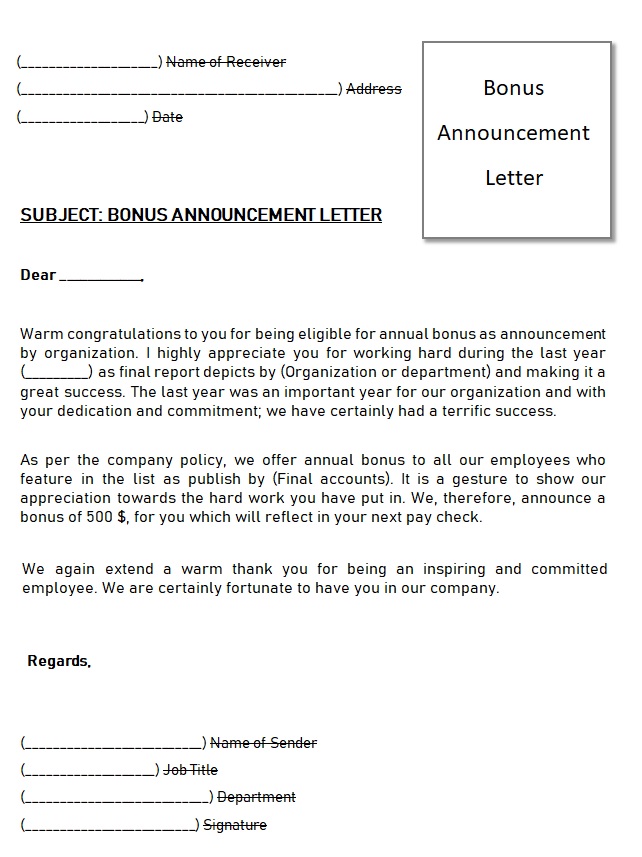 Bonus Announcement Letter Template