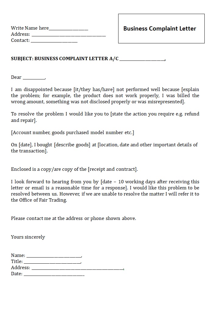 Business Complaint Letter Template