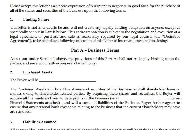 Business Letter of Intent Template