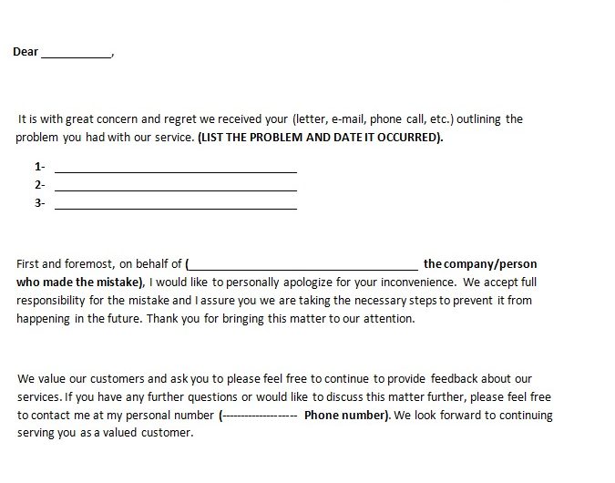 Customer Service Apology Letter Template