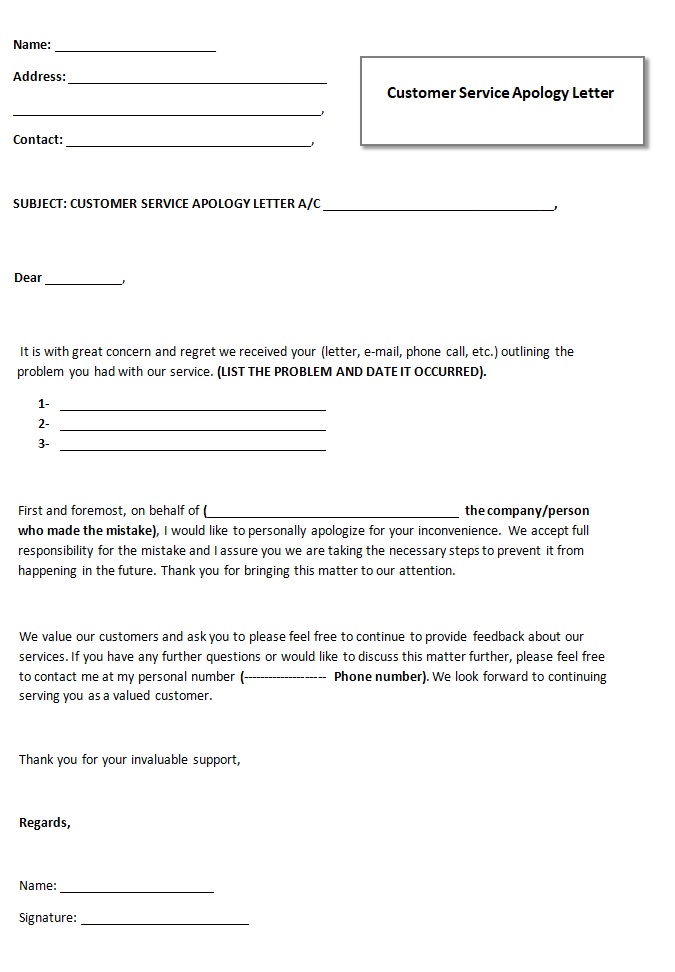 Customer Service Apology Letter Template
