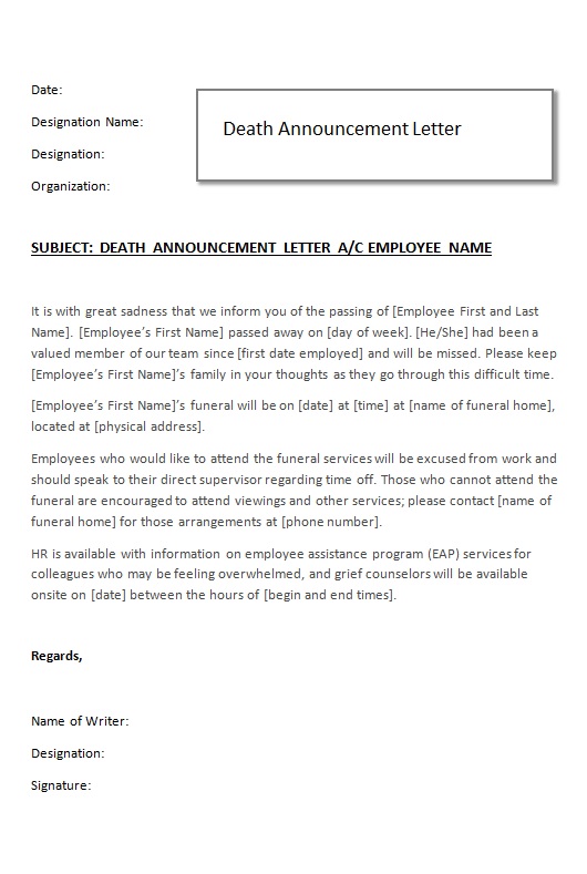death announcement letter template