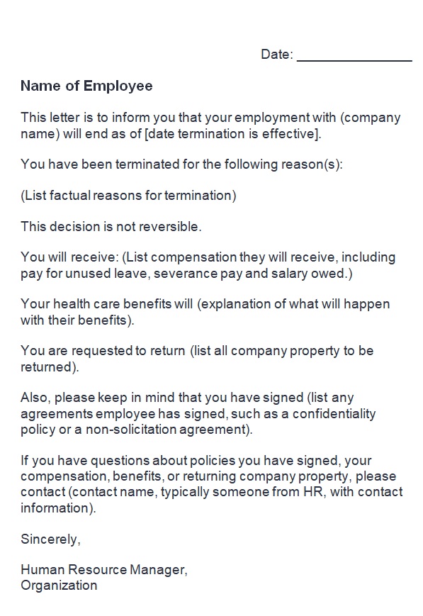 Employment Termination letter Sample