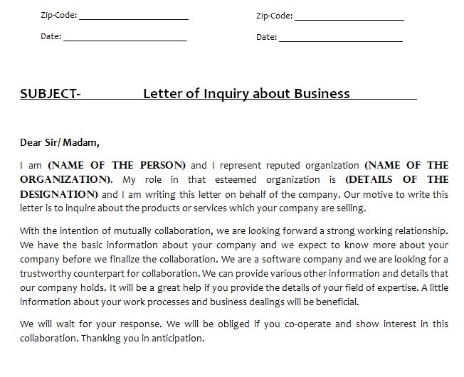 Business Inquiry Letter Template