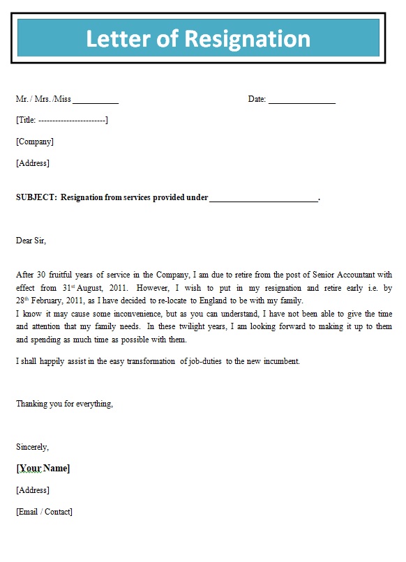 Letter of Resignation template