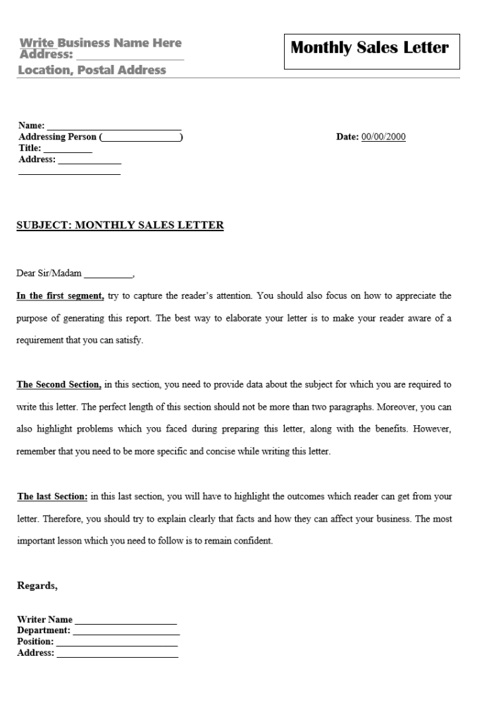 Monthly Sales Letter Template