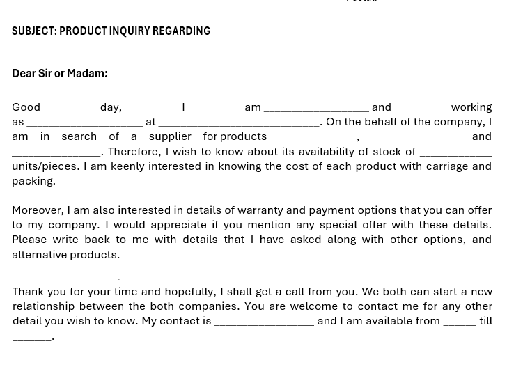 Product Inquiry Letter Template