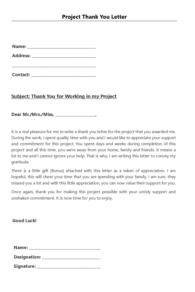 Project Thank You Letter Template