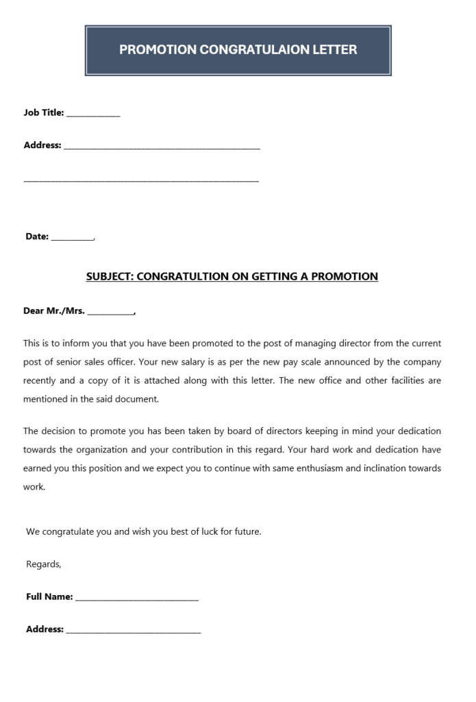 Promotion Congratulation Letter Format