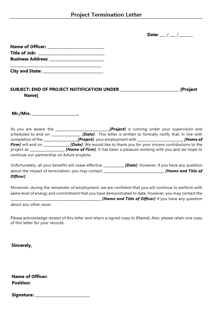Project Termination Letter Template